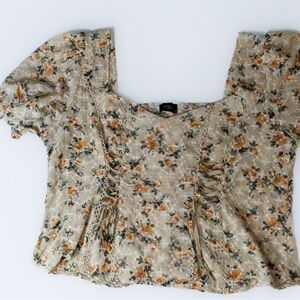 Floral Beige Blouse with Lace Accents